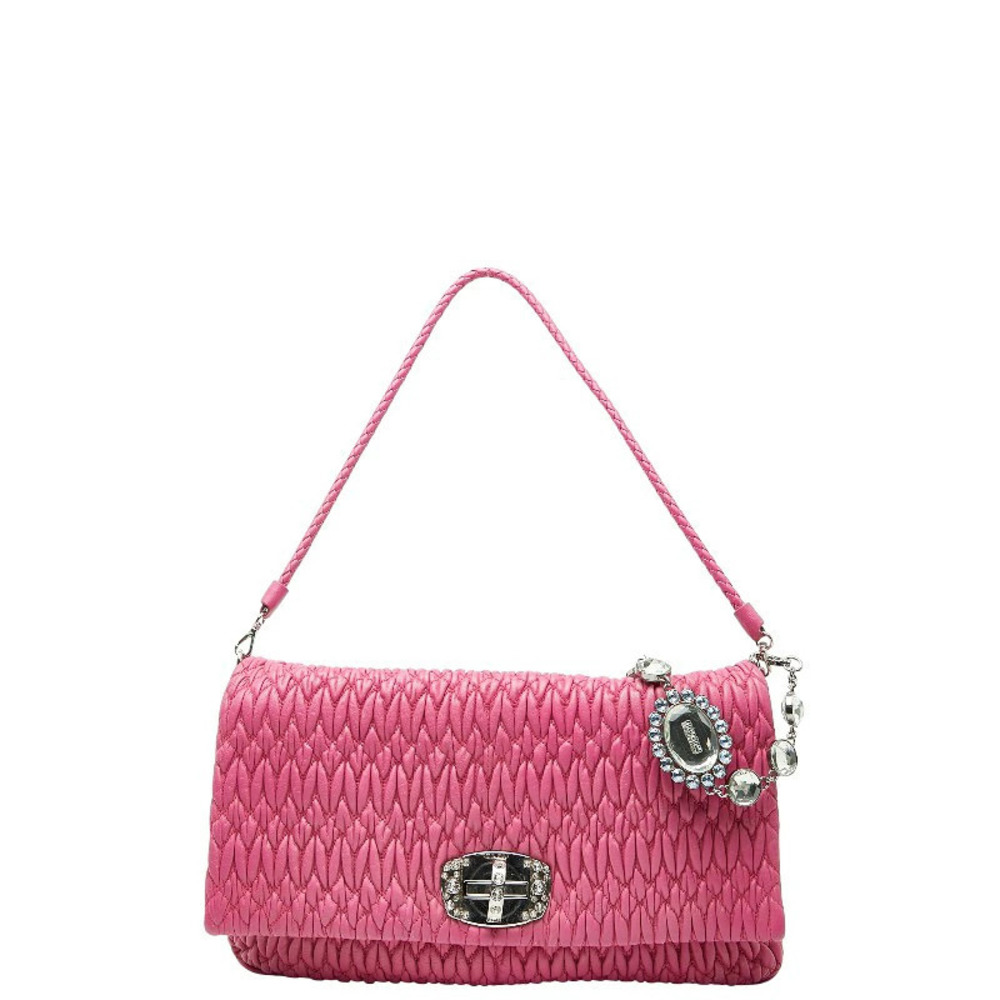 Miu Miu pink matelasse leather shoulder bag quilted texture turnlock crystal
